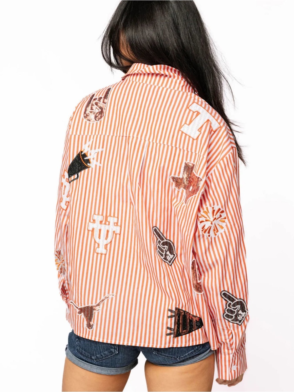 QUEEN OF SPARKLES Orange & White Striped Button-Down Shirt - Picture 2 of 2